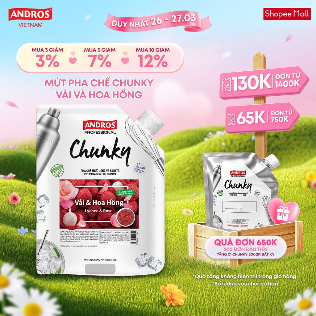 Mứt Pha Chế Vải & Hoa hồng - Có miếng trái cây thật - Nguyên liệu pha chế - ANDROS CHUNKY - 1kg