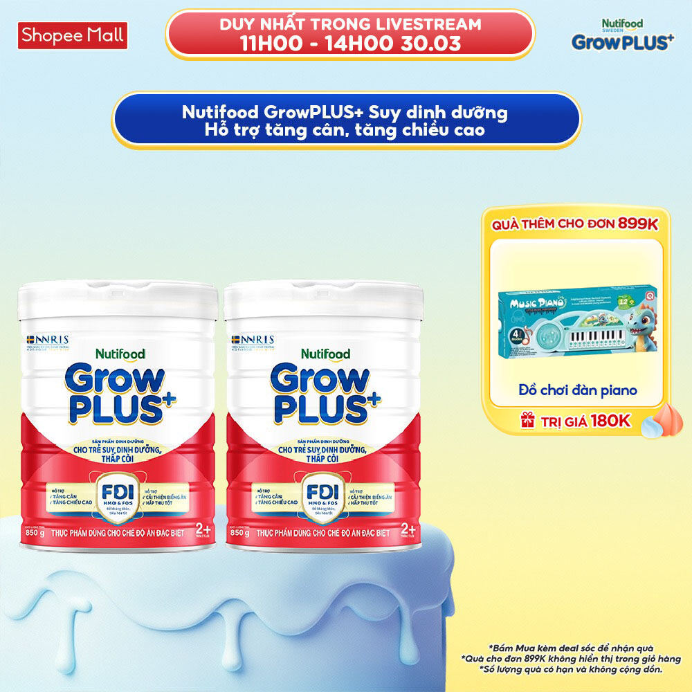 Combo 2 Sữa bột Nutifood GrowPLUS+ Đỏ (Suy Dinh Dưỡng) trên 2 tuổi (2 lon x 850g) - Grow Plus+