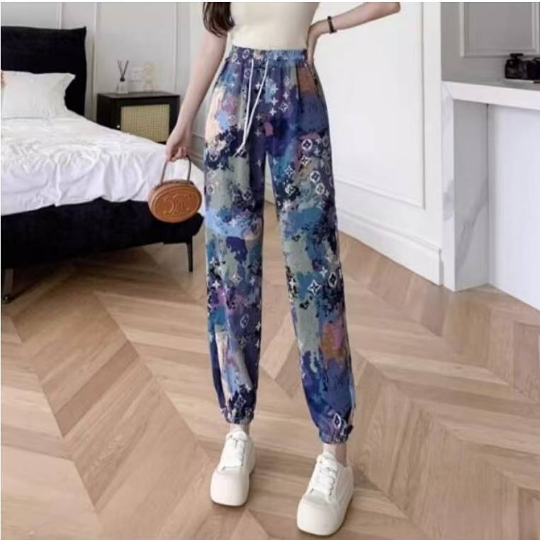Ice Silk Flower Pants Women's Summer Thin Loose All-Matching Harem Pants Slim Fit Slimming Ankle-Ban