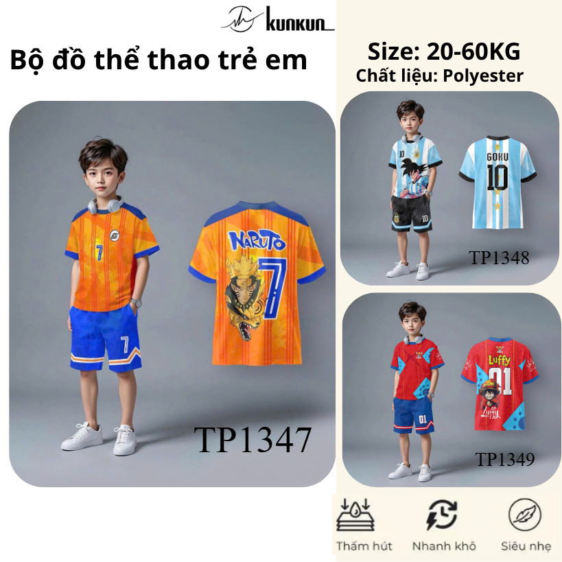 Đồ Bộ Thể Thao Bé Trai In 3D nhân vật hoạt hình cao cấp ,Đá Banh, Bóng Rổ TP1347-1351 | KunKun Kids