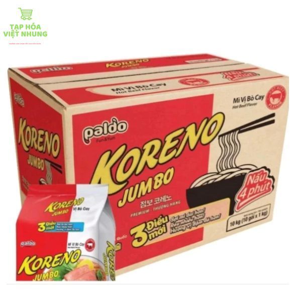 THÙNG 100 gói Mì KORENO JUMBO Mì Vị Kim Chi , BÒ CAY(10 Bịch 100 Gói)