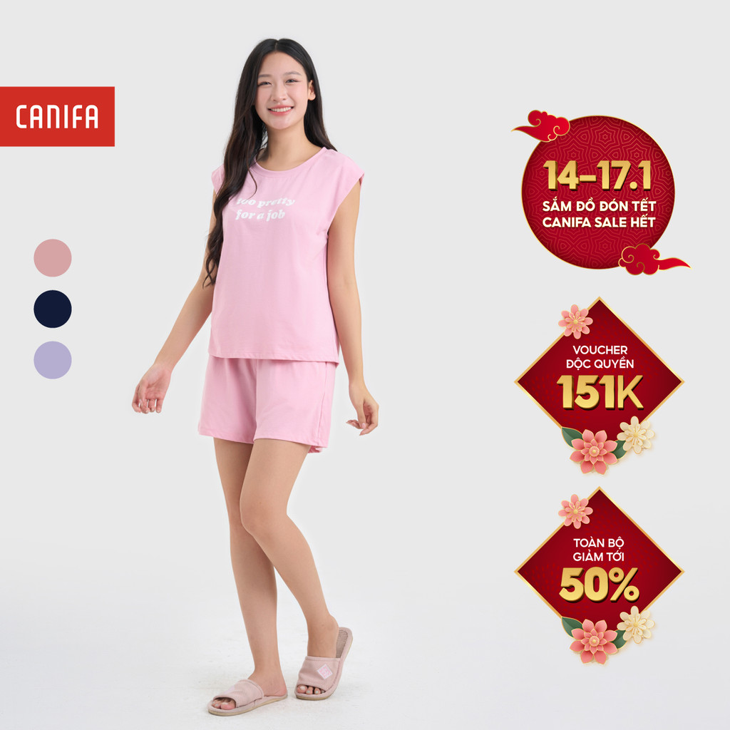 Bộ mặc nhà nữ CANIFA sát nách quần đùi mềm mát có hình in 6LS25S001