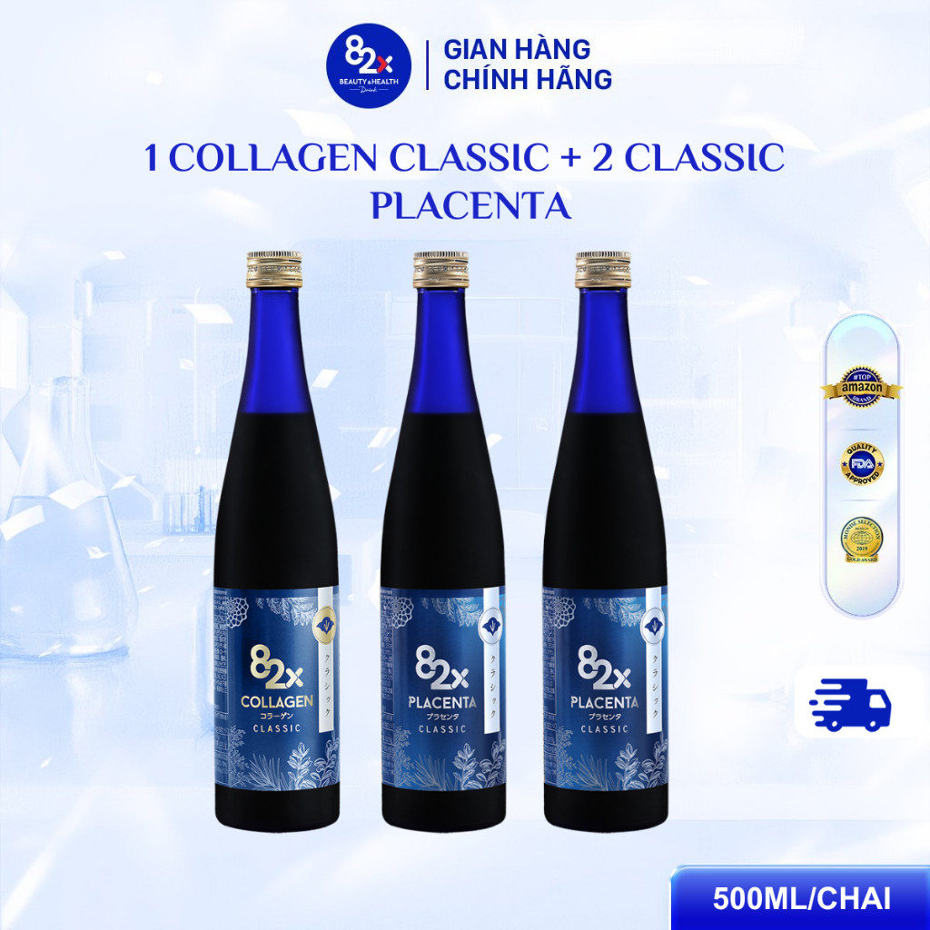 Combo 3 Chai Nước Uống Collagen 82X Bao Gồm 2 PLACENTA CLASSIC + 1 COLLAGEN CLASSIC 500ml/ Chai