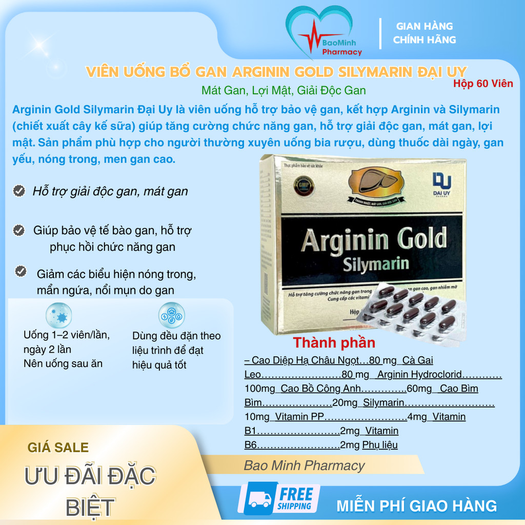 Viên Uống Bổ Gan Arginin Gold Silymarin Đại Uy Hộp 60 Viên – Mát Gan, Lợi Mật, Giải Độc Gan