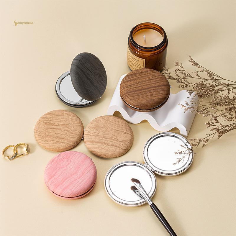 MUQV Vintage Gương Trang Điểm Hạt Gỗ Gấp Gương Tròn Du Lịch Gương Trang Điểm Di Động Nhà Thơ Gương T
