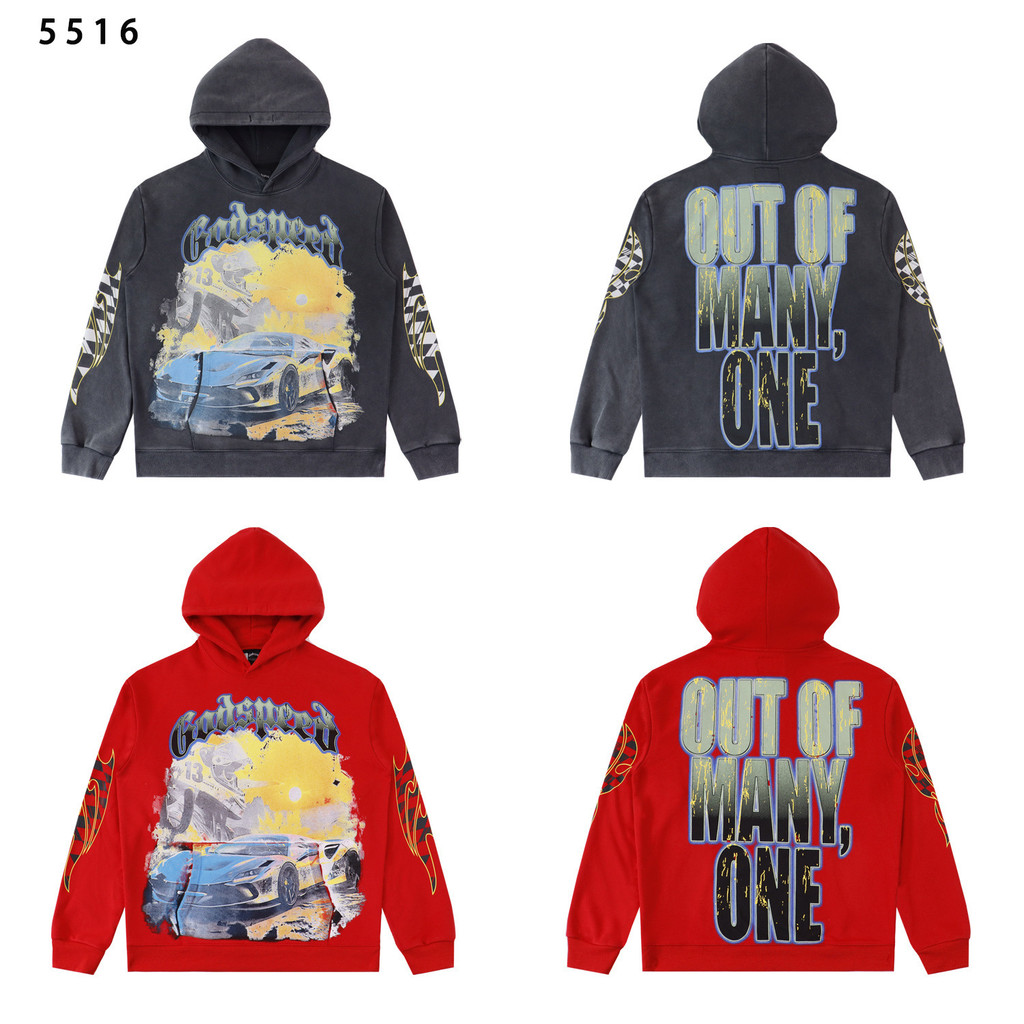 XKJL Godspeed Racing print washed vintage terry sweatshirt casual hooded sweatshirt trendy hoodie