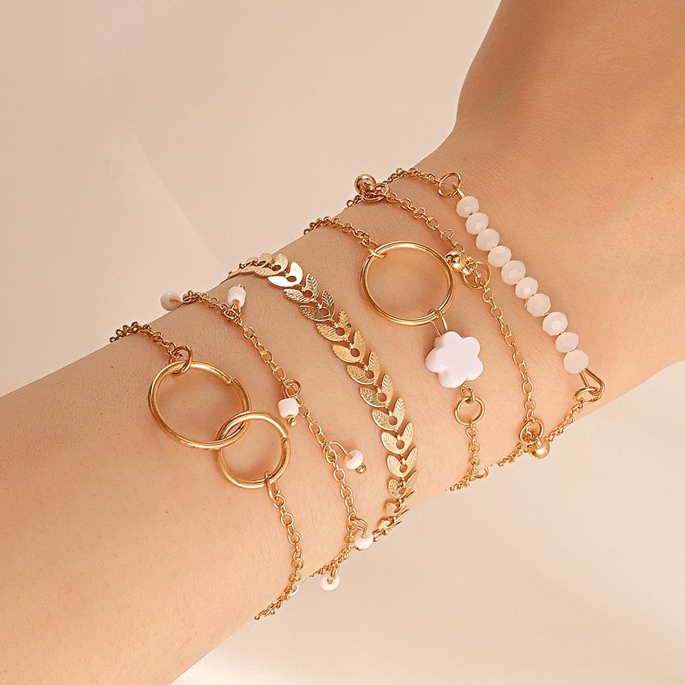 Hot Sale#Hot-selling simple geometric circle bracelet set ins Floral tassel leaf circle bracelet6Set