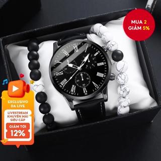 Đồng hồ thạch anh dây da dành cho nam với vòng tay đính cườm ngọc lam giả không có hộp