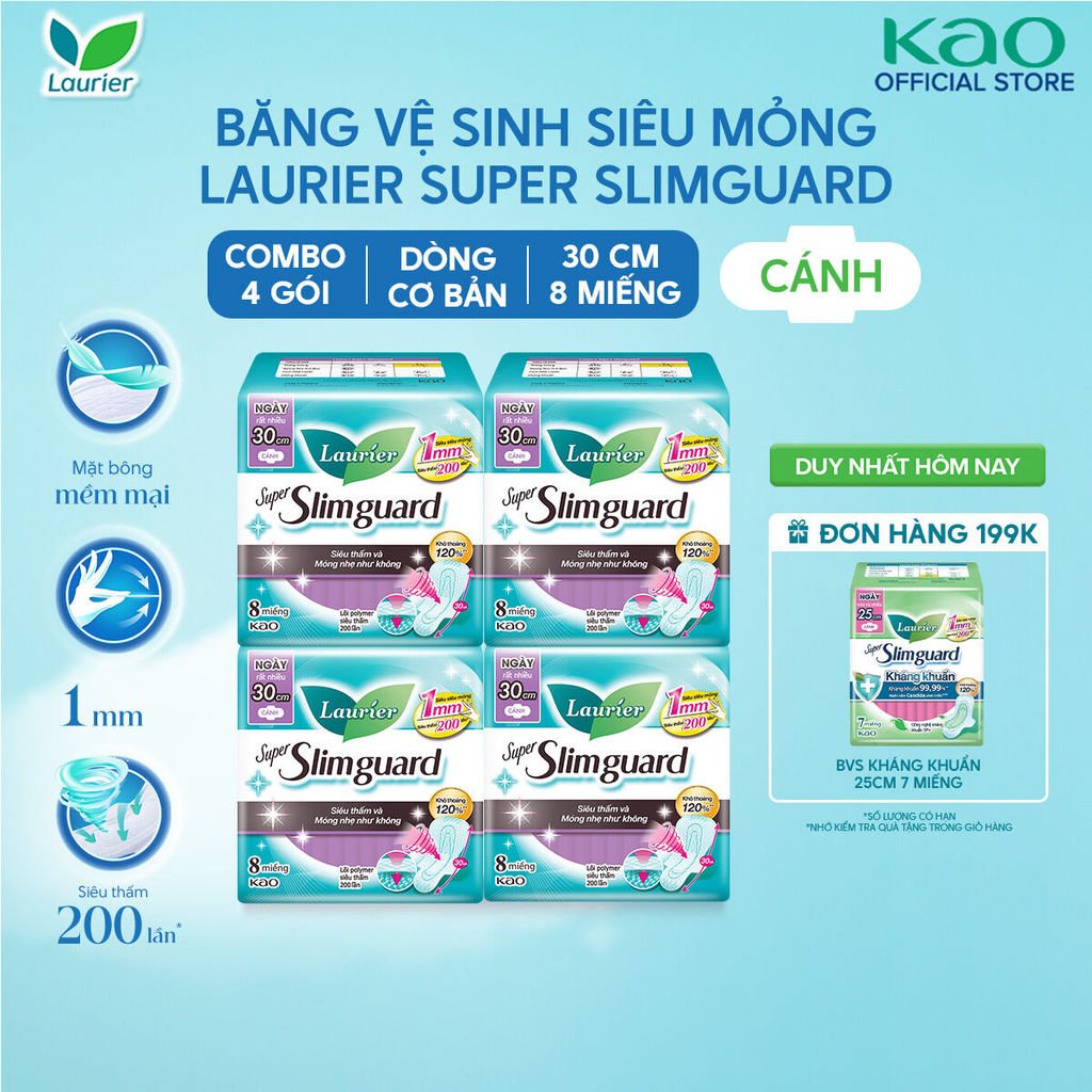 Combo 4 gói BVS Laurier siêu mỏng bảo vệ 1mm 30cm 8 miếng