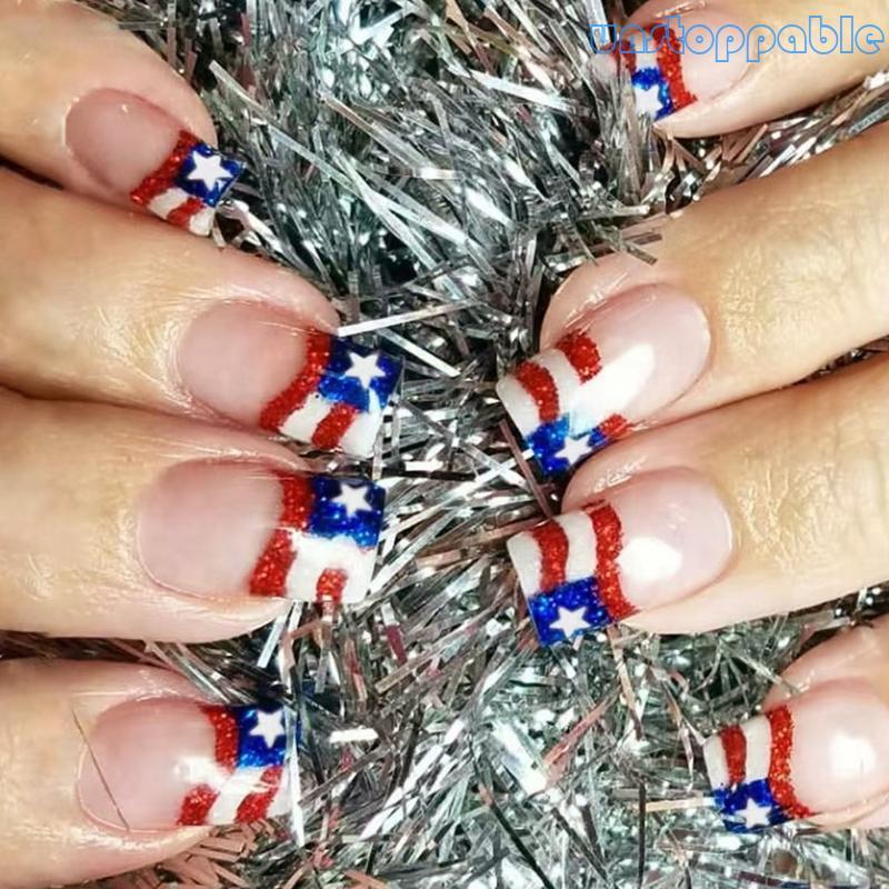 Unstop * 24 Chiếc 4th Of July Press On Nail Short Stick On Nail Ngày Độc Lập Giả Nai