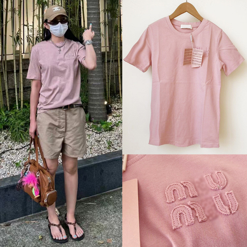 MIU MIU Super Versatile Patch Letter Embroidery Logo T Loose Casual Women's Shirt T Shirt Top