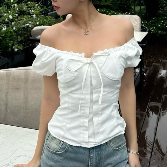 Áo Kiểu Linen Viền Ren Tay Bo - Rattit Top M380  Sài Gòn