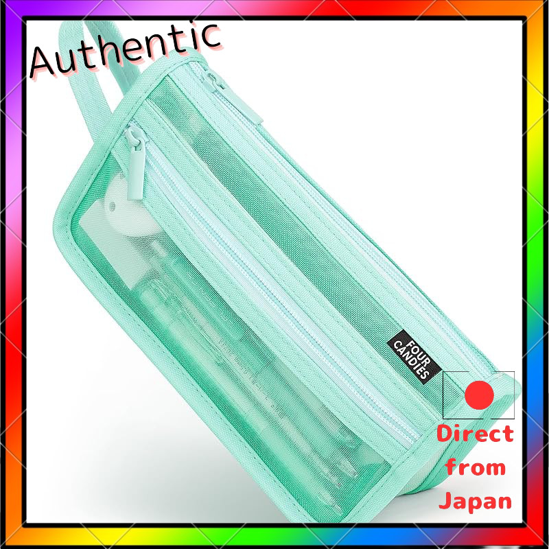 Four Candies Transparent Large Capacity Mesh Pencil Case with Handle and Zipper, Clear Double-Layer 