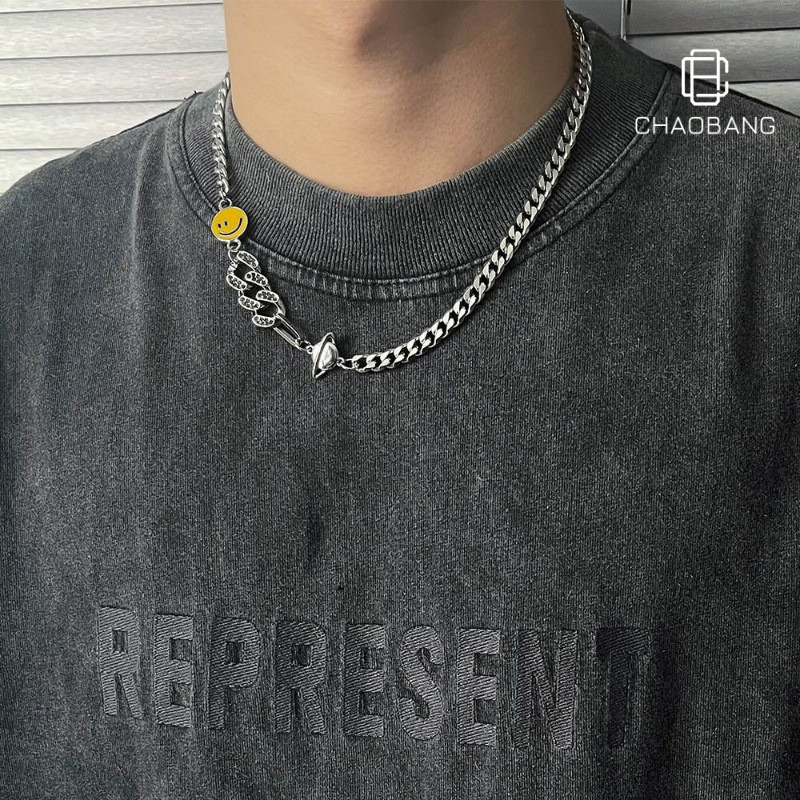 【Ready Stock】 Cuban Chain Stitching Smiley Necklace Men Fashion Brands Versatile High Sense Hip Hop 