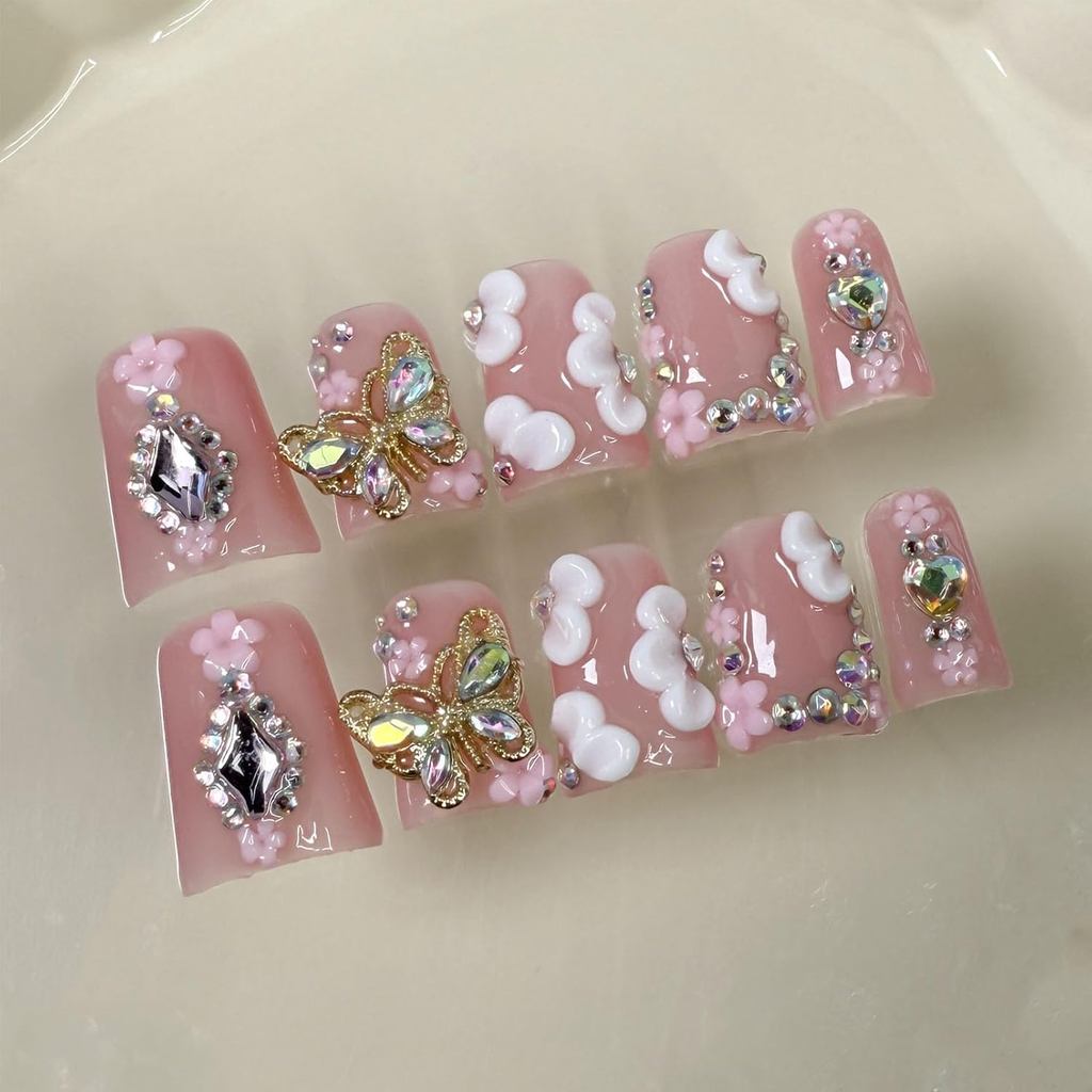 Bướm Press on Nails, Muti-Layer Gel Handmade Press on Nails Medium, Móng tay giả hình vịt với hoa đí