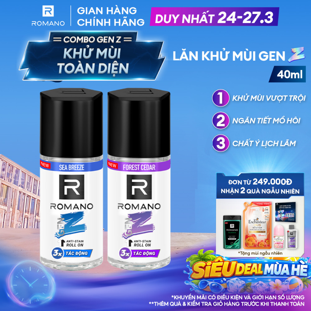 Lăn khử mùi Romano Gen Z Khử mùi vượt trội - Ngăn vệt ố vàng 40ml