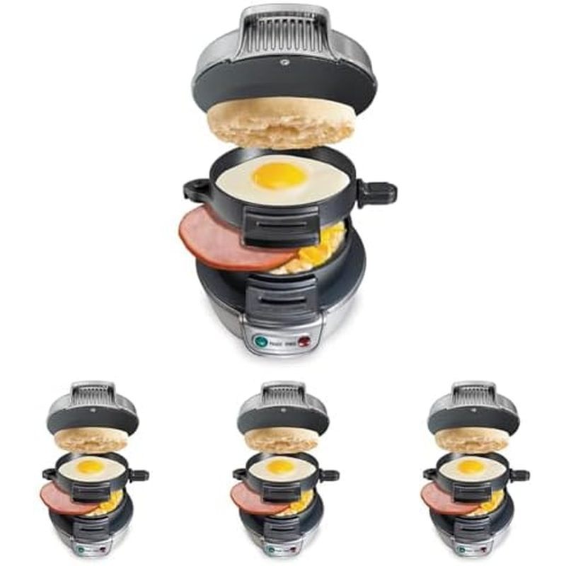 Máy làm bánh Sandwich ăn sáng đi biển Hamilton có vòng trứng, Cài đặt có thể tùy chỉnh, Hoàn hảo cho Muffins tiếng Anh, Croissants, Bánh quế Mini, Quà tặng voi trắng hoàn hảo, Bạc (25475)