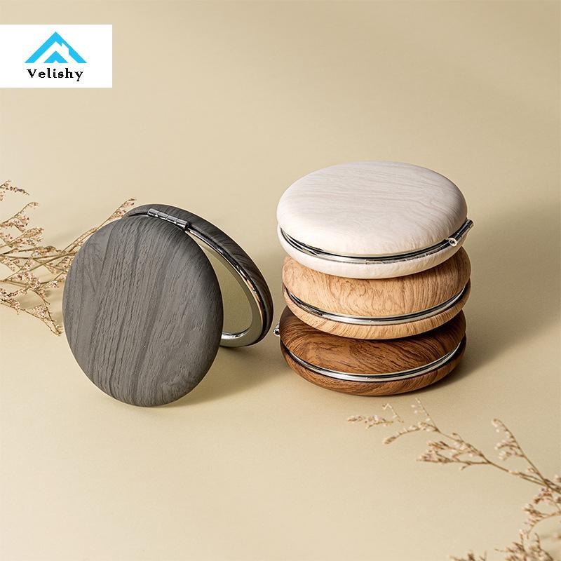 Velishy Mini Vintage Gương Trang Điểm Hạt Gỗ PU Gấp Gương Tròn Du Lịch Gương Trang Điểm Di Động Nhà 