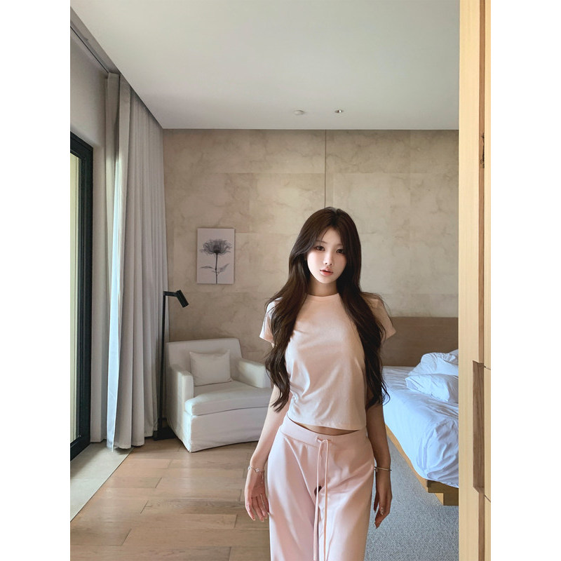 Bigking Bigking {bi Ready Series} sk1ms Áo thun ngắn tay màu hồng dành cho nữ mùa hè cổ tròn ngắn