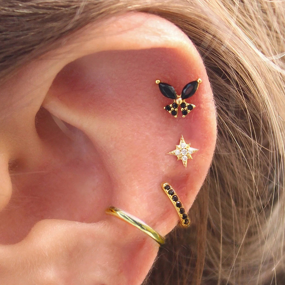 Bộ Bông Tai Thép Không Gỉ Mạ Đồng Vàng Thật Zircon Bông Tai Bướm Bông Tai Xuyên Bông Tai 26.3.24