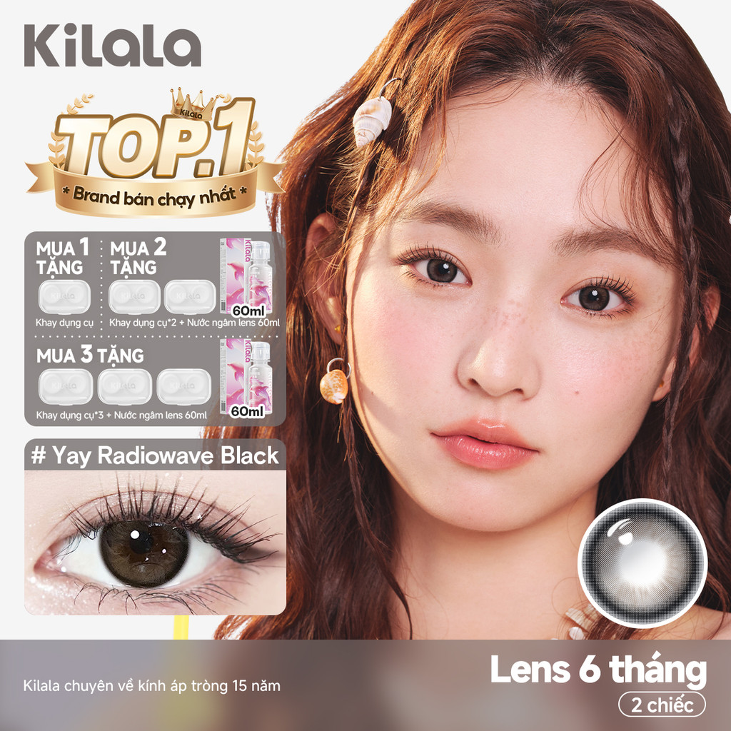 Kính áp tròng Kilala màu đen Yay Radiowave Black lens cận 6 tháng DIA 14.2mm có độ (0-8) 1 cặp