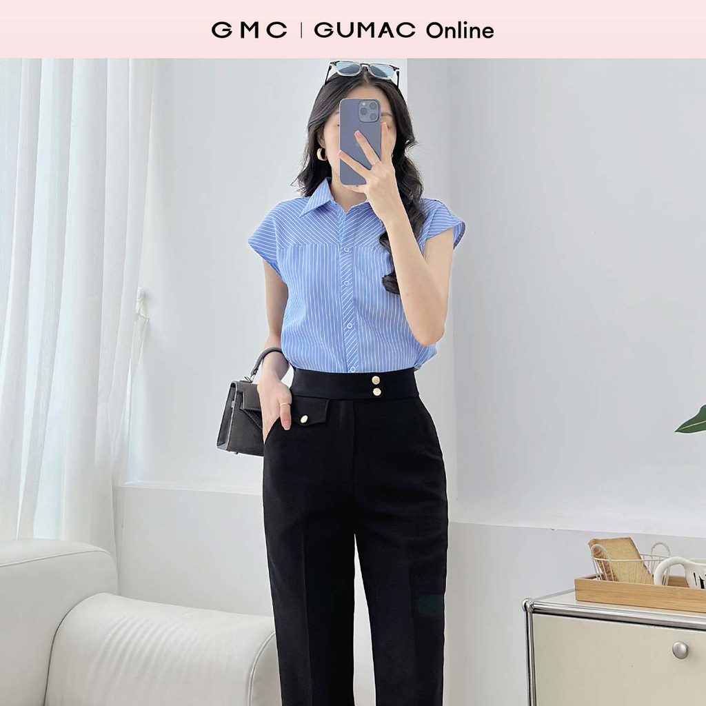 Áo sơ mi nữ sọc xanh tay liền rã đô sọc xéo kate mềm mát công sở thoải mái thời trang GUMAC LAF0610