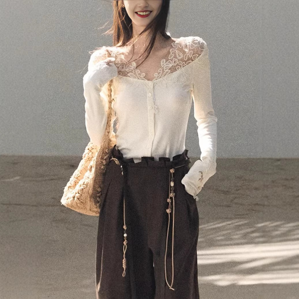 OAKMO / "Im Lặng Tăng Trưởng" Ba Chiều May Ren Cổ Chữ v Mỏng-Fit Dệt Kim Cardigan Nữ Móc Top