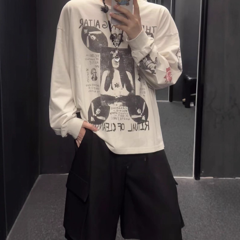 6LXB ERD Moodily Brooding Rich Young Woman Portrait Print Loose Fit Vintage Washed Long Sleeve Shirt