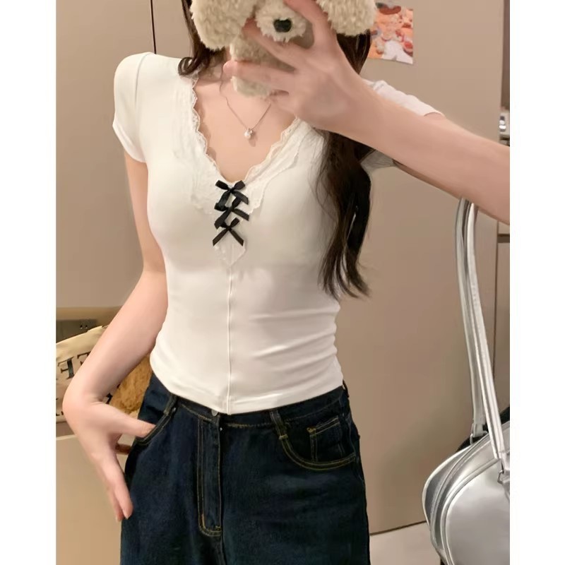 Áo thun ngắn tay nơ ren nữ ngắn tay Slim-fit Áo mùa hè | BigBuy360 - bigbuy360.vn