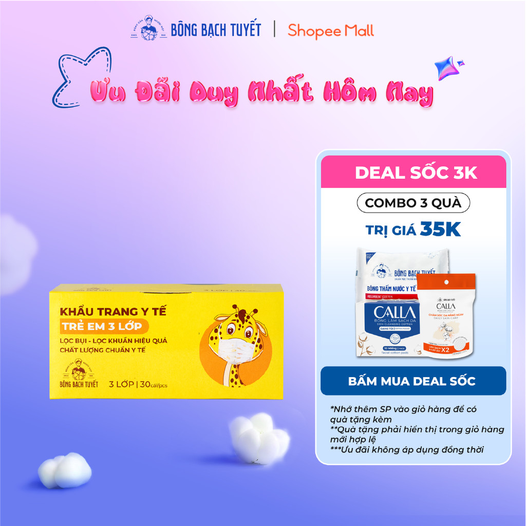 Khẩu trang Bông Bạch Tuyết Trẻ Em 3 lớp (30 cái/hộp) (Trắng)