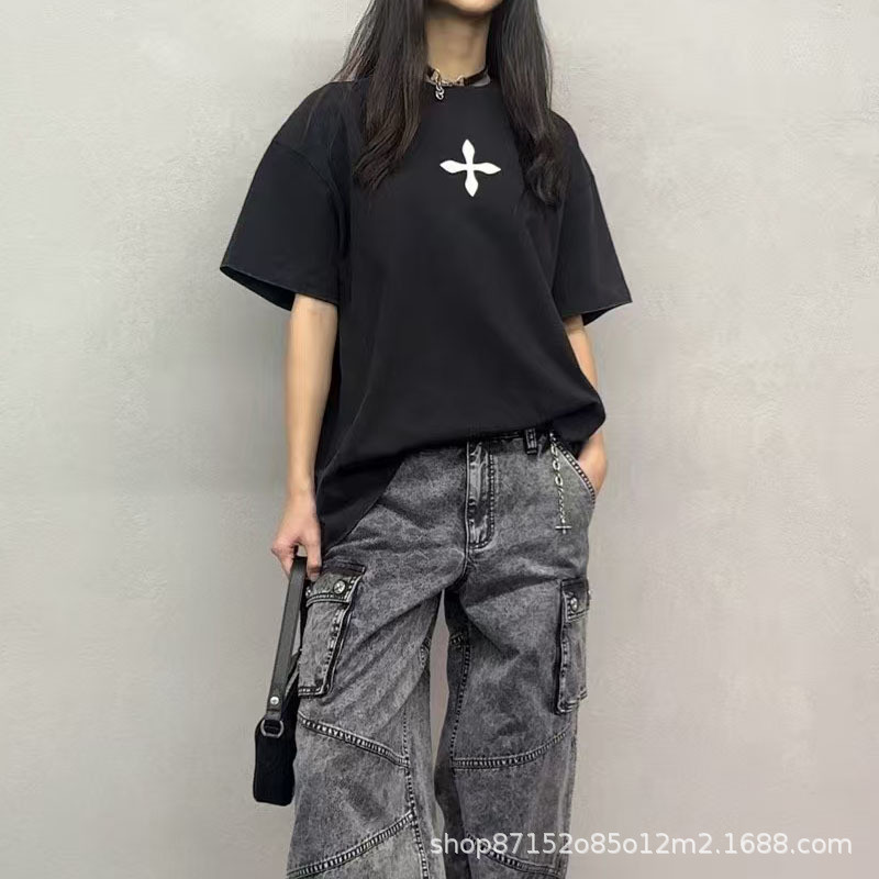 TOA9 SMFKR Cross Statue Giant Tee Black and White Loose Fit Large Cross Flower Short Sleeve T Shirt