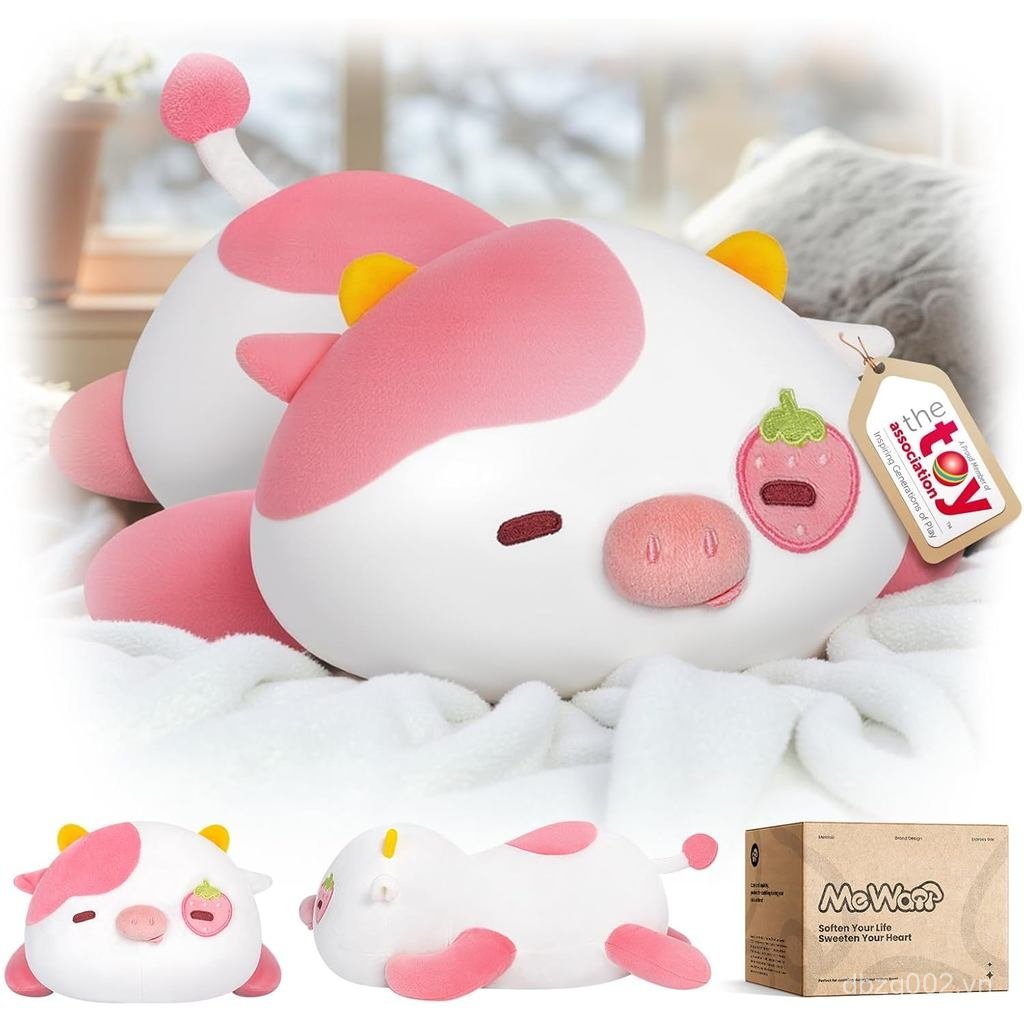 Gối sang trọng hình bò dâu tây dễ thương, Kawaii Plushies Động vật nhồi bông dâu tây, Squishy Plushi