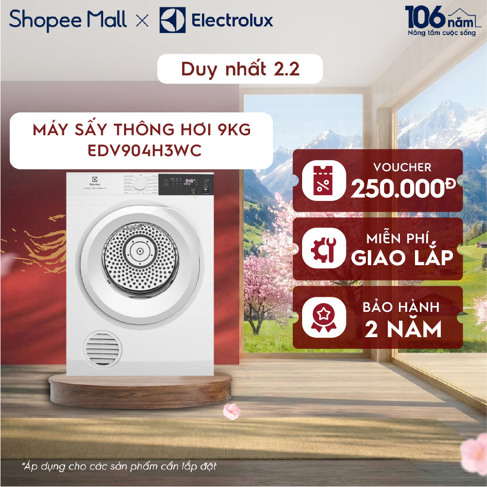 Free giao lắp - Máy sấy thông hơi 9KG Electrolux EDV904H3WC - sấy đảo chiều chống nhăn, diệt khuẩn, 