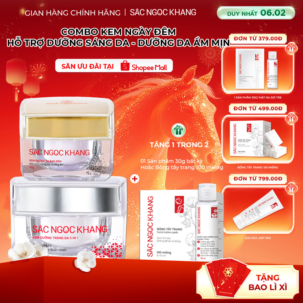 Combo Kem Dưỡng Trắng, Chống lão Hóa Ban Ngày 30g, Kem Đêm Sắc Ngọc Khang 10g - Ẩm Mịn, Nâng Tông, Chống Nắng