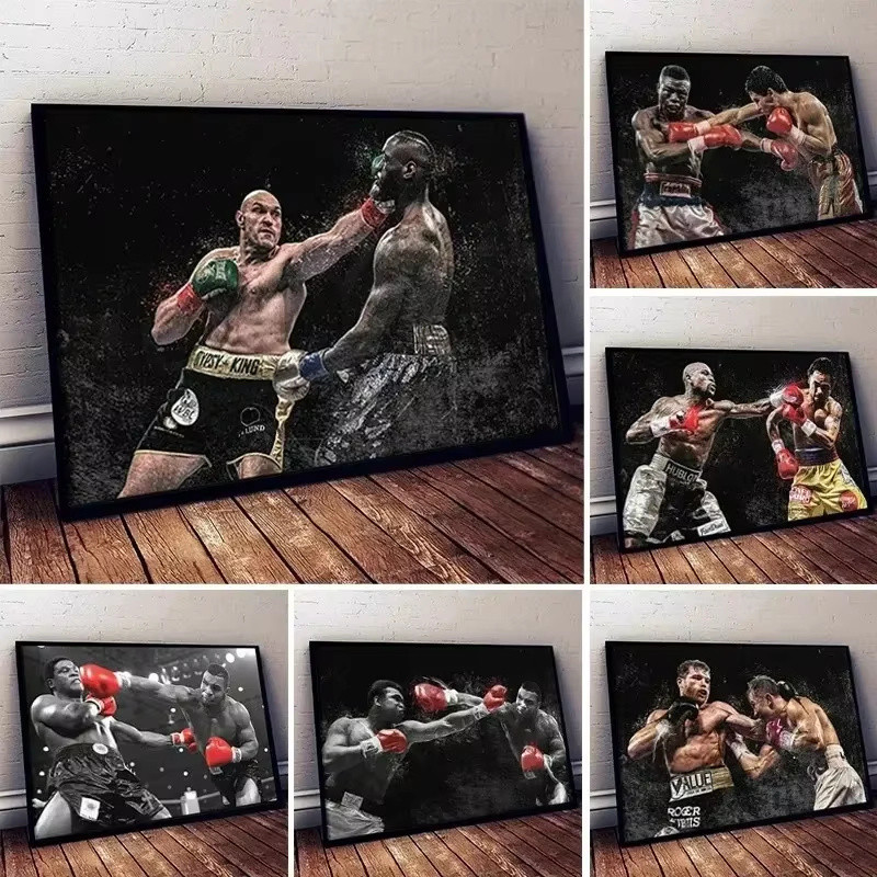 Nghệ thuật treo tường cổ điển Mike Tyson Vs Muhammad Tranh đấm bốc, Poster in vải HD, Trang trí phòn