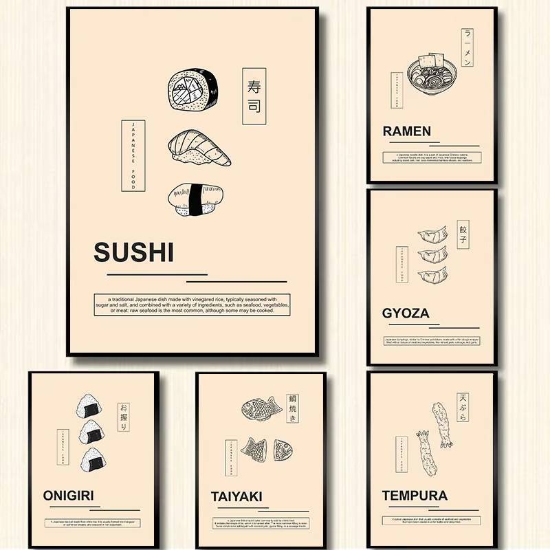 Nhật Bản Đường Phố Thực Phẩm Sushi Taiyaki Áp Phích Ngon Gyoza Ramen Mì Bát Vải Tranh Treo Tường Hìn