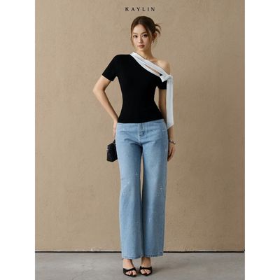 Quần Jean KAYLIN đính hạt bling bling suông dài form basic chất vải denim phong cách hiện đại BST Tháng 3 - Q157T3