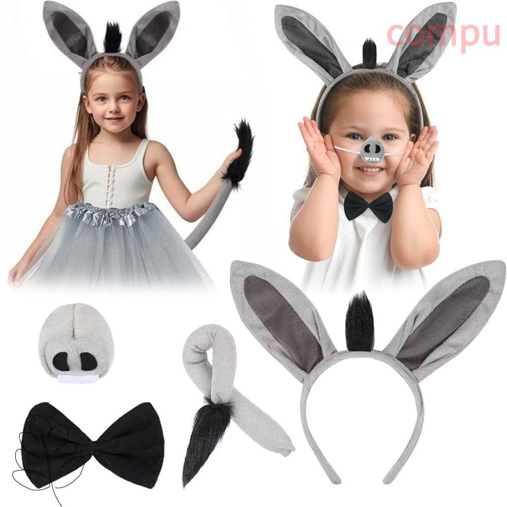 COMPU 4 Bộ Trang Phục Lừa, Ngộ nghĩnh Thắt Nơ Donkey Headband, Đuôi Mũi Động Vật Cosplay Trang Phục 