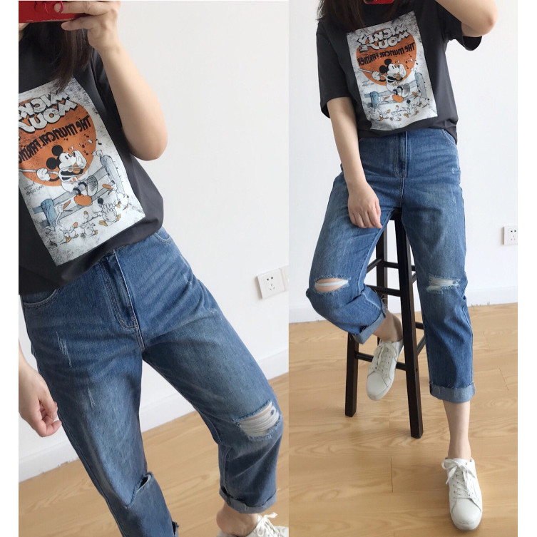 Yuan hợp thời trang ~ 19 Xuân Hè Mềm Mại Mỏng Tự Nhiên May Nữ Rách Quần Jean Thẳng