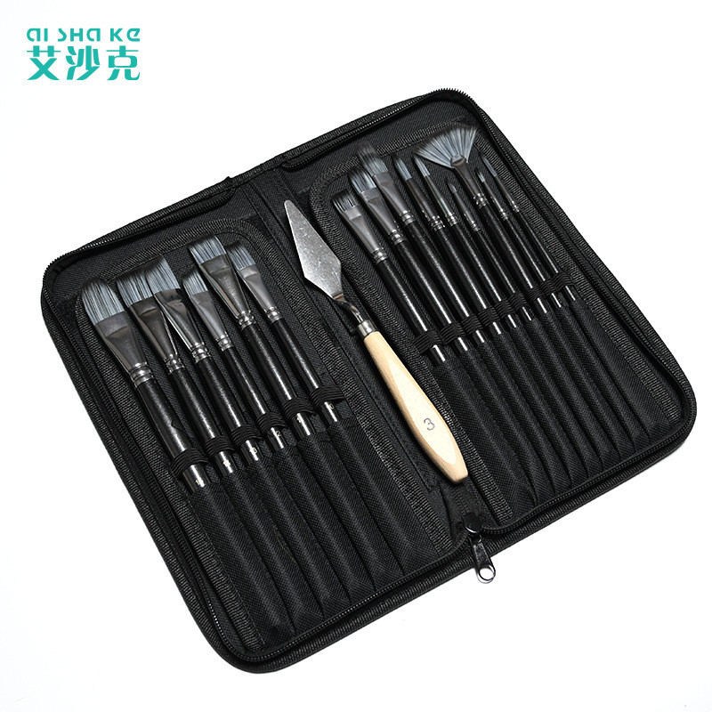 Isaac Đen Dây Kéo Túi Vải Nylon Màu Nước Bàn Chải 15 Chiếc Bộ Bàn Chải Dầu [Y]