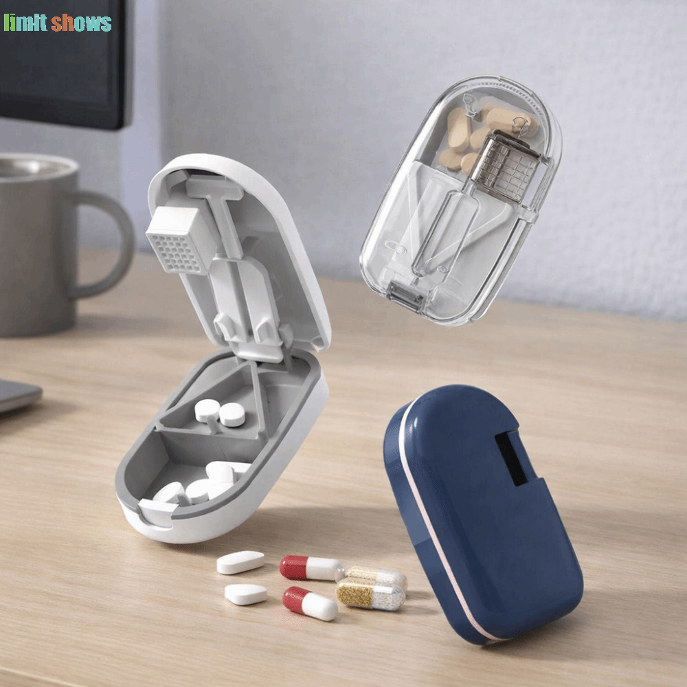 GIỚI HẠN SHOWS Máy cắt thuốc, Máy cắt thuốc 2 trong 1 kín bằng nhựa, Hộp đựng thuốc chống bụi cầm ta