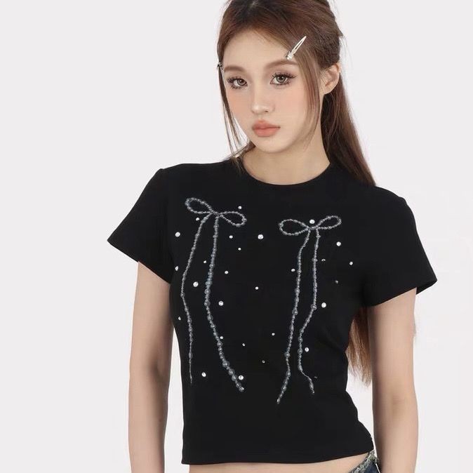 2024 American Retro Hot Girl Bow In Slim-fit Cổ Tròn Cotton Nguyên Chất Áo Thun Tay Ngắn Top Nữ