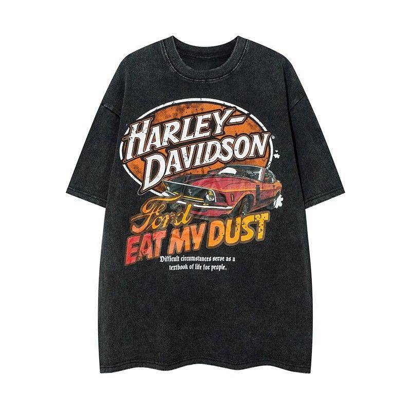 Retro Crew Neck Washed T-shirt Men's Summer Fun Racing Printing Ins High Street Fashion All-Match Fa