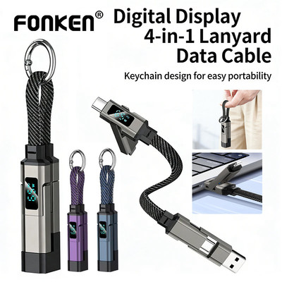 Fonken 4 trong 1 Type-C / iOS / USB-A Màn hình kỹ thuật số Móc khóa Dây cáp dữ liệu PD60W / 27W Dây ngắn sạc nhanh