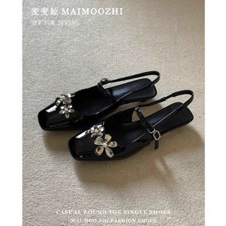 Wasteland Phong Cách Nửa Ngón Chân Nữ Đen Hoa Pháp Mary Jane Dép 2025 Phong Cách Mới Mùa Hè Giày Cao Gót Nhỏ / Hạt 3.23