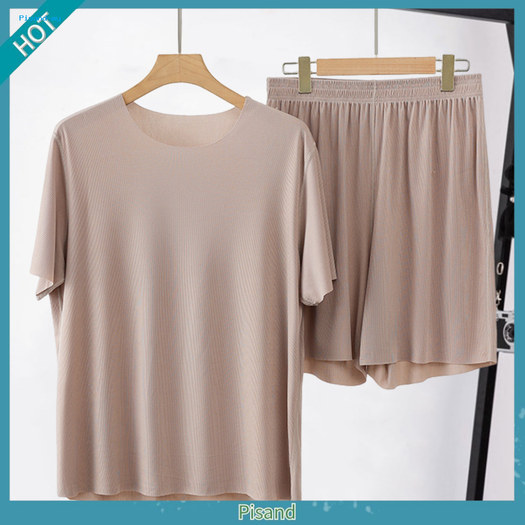 Pisand Loungewear Set - Bộ pajama nam mùa hè với áo tay ngắn cổ tròn và quần short ống rộng, chất li