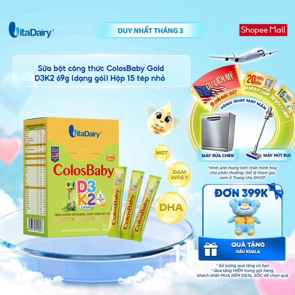 [HỘP 15 TÉP] Sữa bột ColosBaby Gold D3K2 cho trẻ – Dạng gói tiện lợi, bổ sung dinh dưỡng – 69g