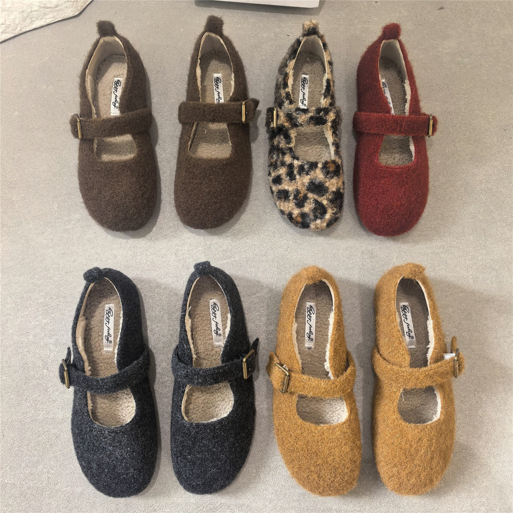 【Lamode】Thời Trang Nữ Giày Lông Thú Nữ Mùa Đông Ngoài Mặc Phong Cách Hàn Quốc Lông Cừu Lót Cừu Len Ấ