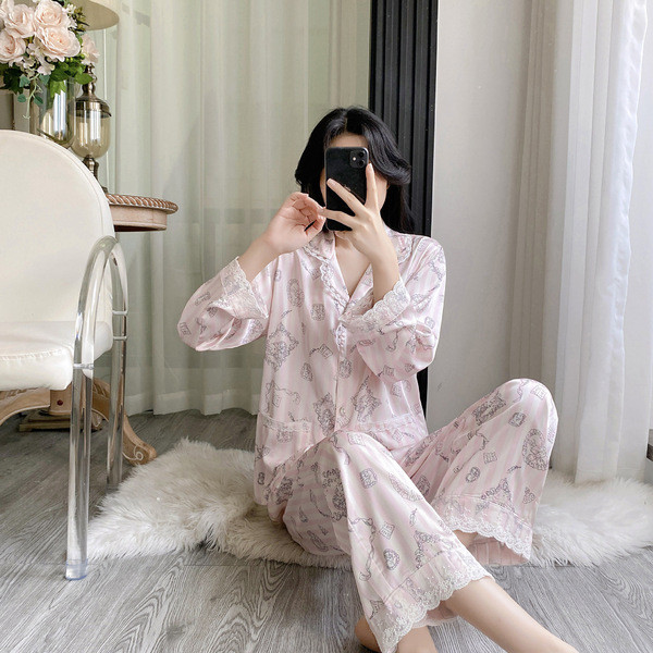 nightgowns winter pajamas Bộ Đồ Ngủ Ren Hello Kitty Sọc Băng Lụa, Phù Hợp Xuân Hè Thu, Sang Trọng
