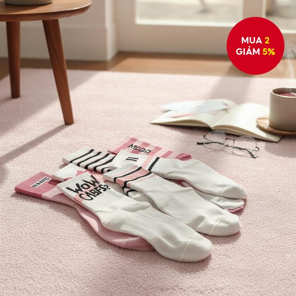 Pink Letter Academy Style Mid Calf Socks for Women Casual Sport Cute Style Socks